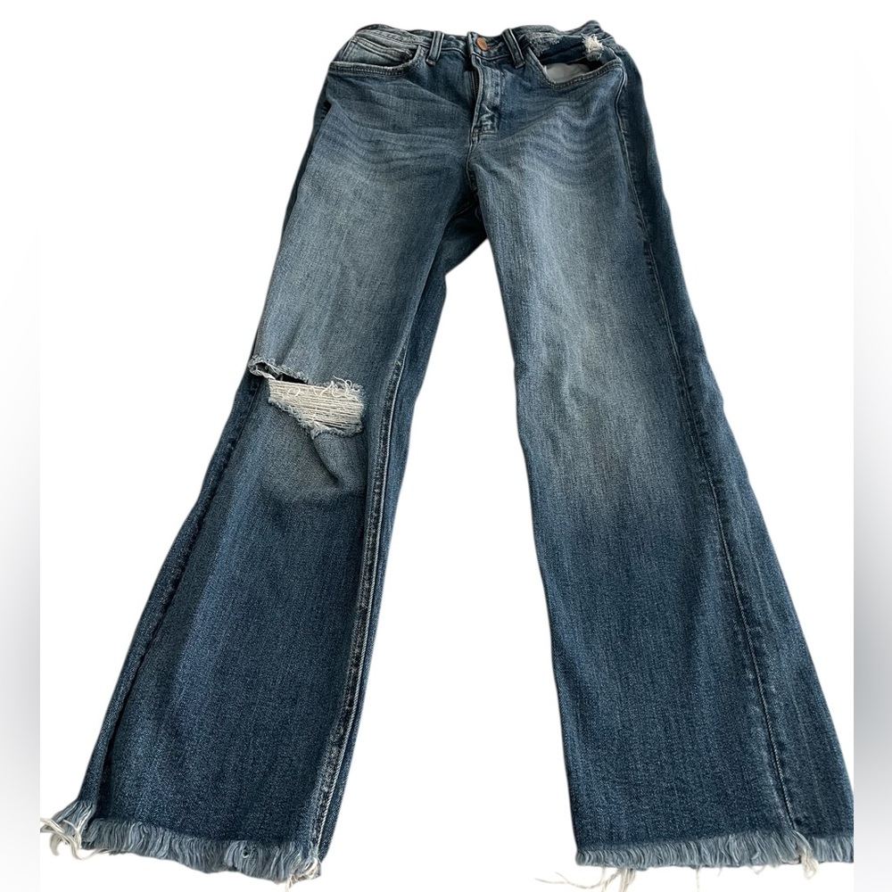 Flying Monkey Distressed Dark Blue Denim Ankle Flare Jeans